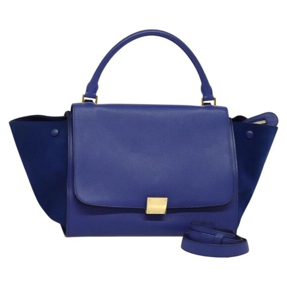 CELINE Trapeze Hand Bag Suede Leather 2way Blue Gold - Picture 1 of 15